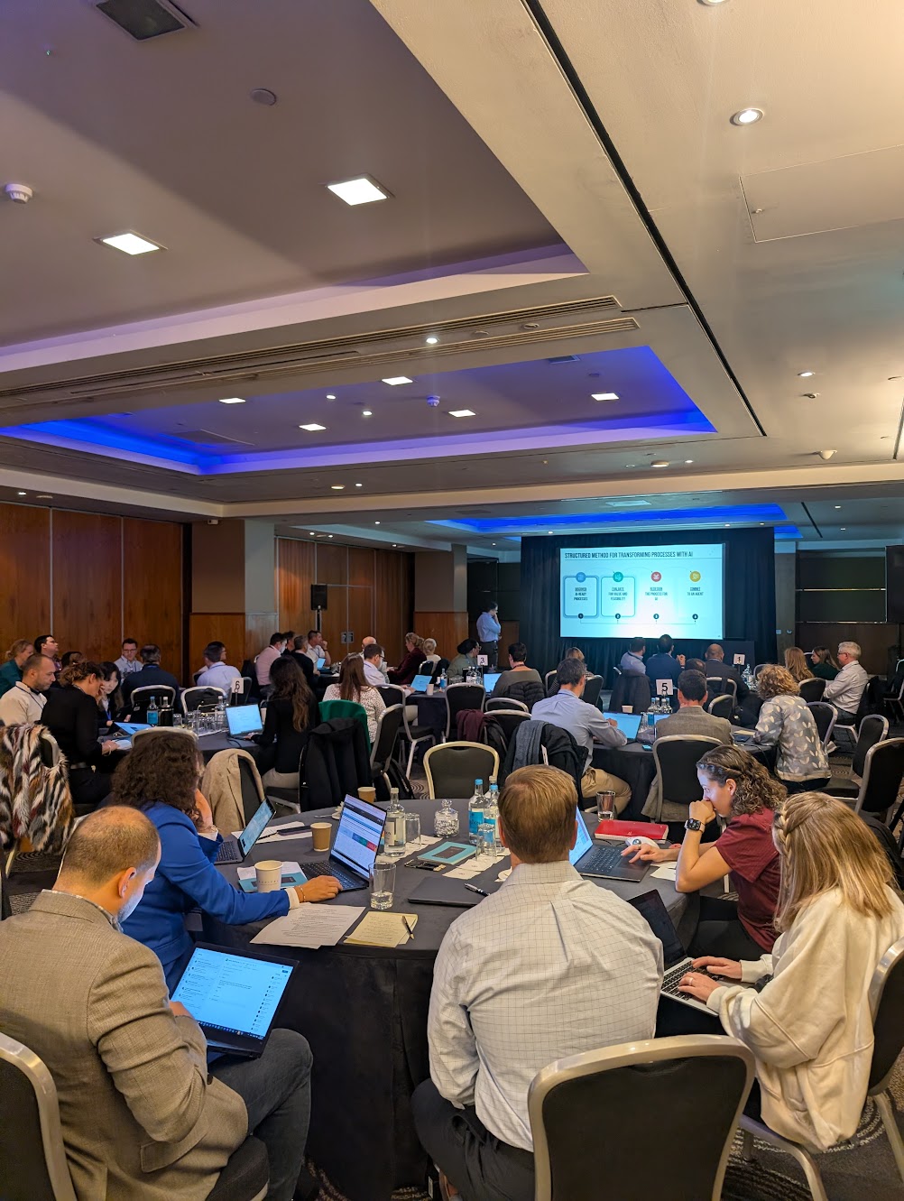 Executive workshop with attendees at round tables