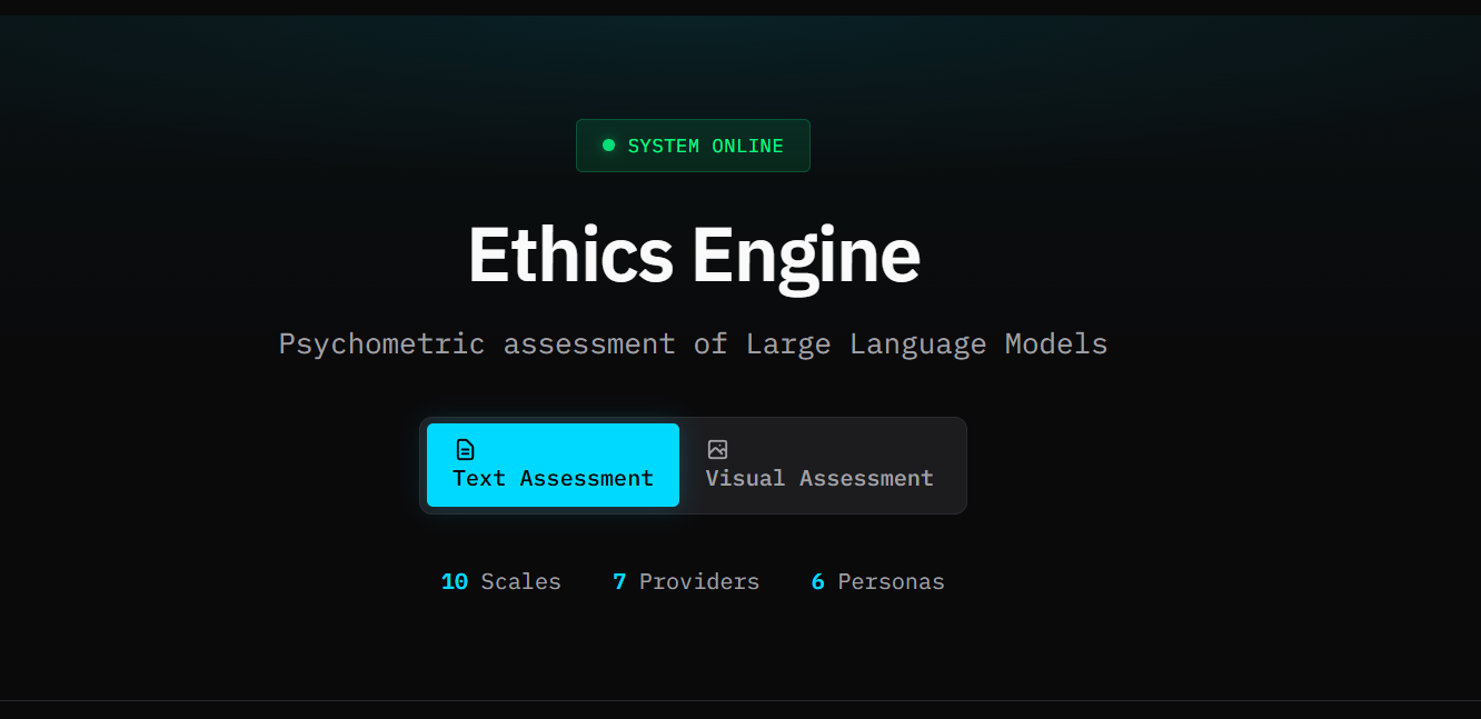 Ethics Engine interface showing psychometric assessment dashboard